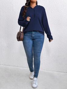 Plus Size Women's Solid Color Hooded Drawstring Drop Shoulder Long Sleeve Casual Ribbed Loose Sweatshirt - Navy Blue - View 7
