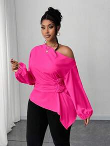 Maweii Áo sơ mi đi làm thường ngày màu trơn nhún vai hoa hồng cỡ lớn, eo xếp ly - Màu Hồng Tươi - Xem 3