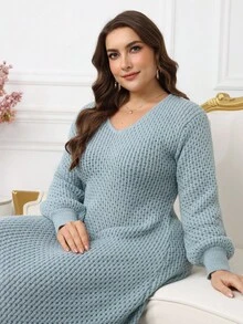 Modelyn 大码女式纯色凤凰羊毛灯笼袖休闲百搭毛衣连衣裙 - 藍色 - 查看 7