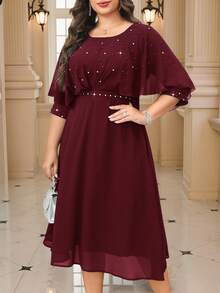 SHEIN Clasi Váy choàng đính đá trang trí thanh lịch cỡ lớn dành cho nữ, mùa hè - Màu Đỏ Sâu - Xem 2