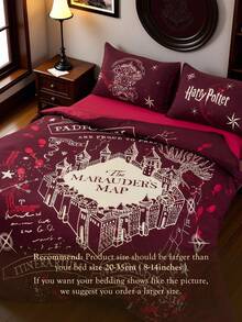 HARRY POTTER X SHEIN 3pcs Marauder's Map Print Bedding Set, Brushed Material, Soft & Warm, Red Duvet Cover, Suitable For Twin/Full/Queen/King Size Bed