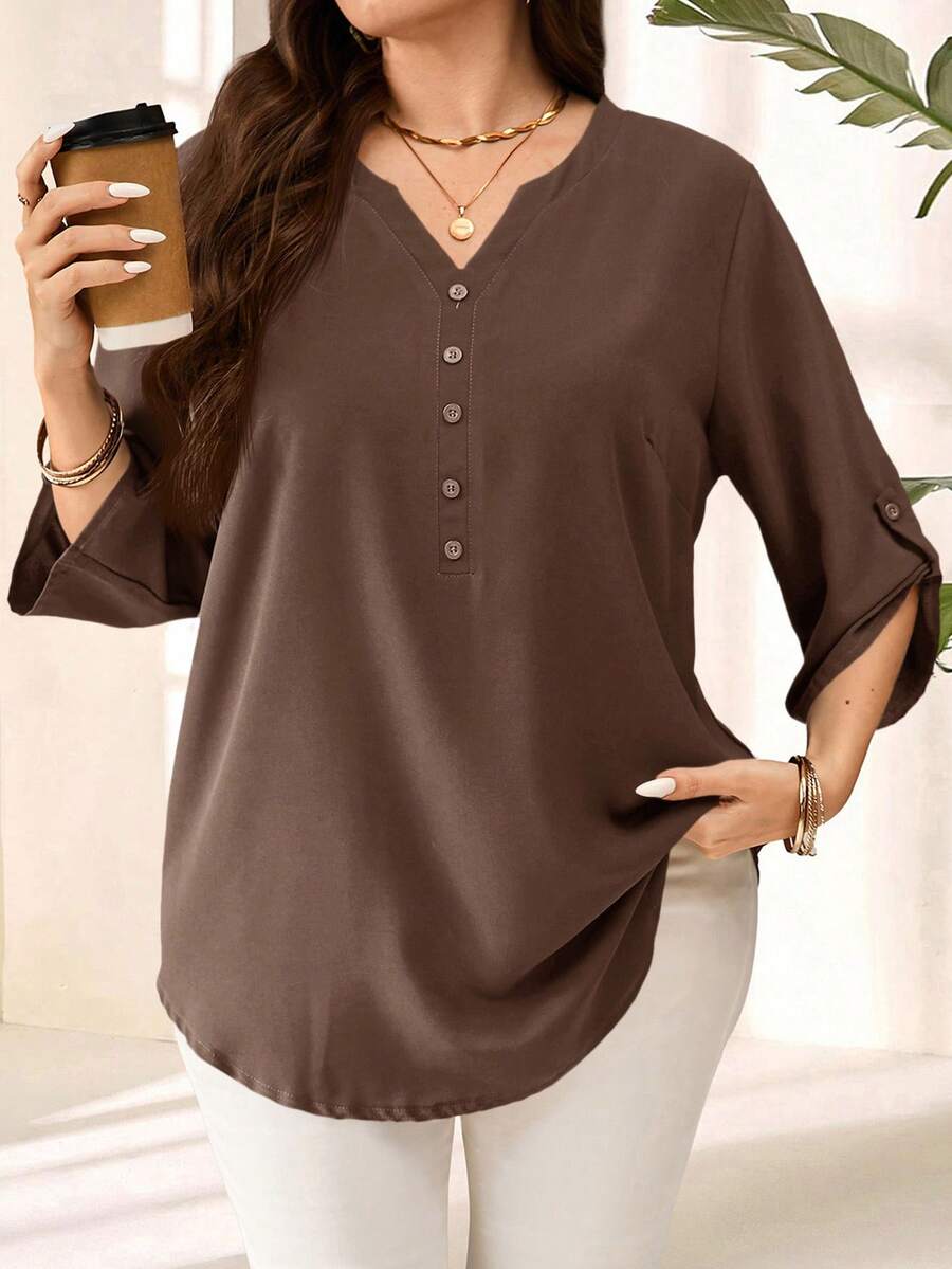 EMERY ROSE Blusa de manga 3/4 morada y roja talla grande, primavera temprana - Marrón - Ver 1