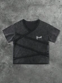 ROMWE MEN Goth 男士美式哥特街头风格拼接雪洗短袖T恤 - 黑色 - 查看 3