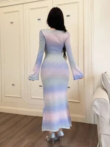 Feyla 女士花卉渐变色V领优雅毛衣裙 - 紫色 - 查看 2