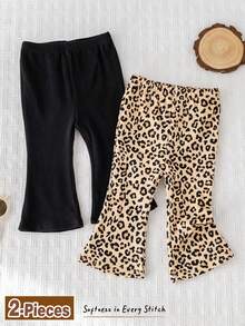 Cozy Pixies 2pcs Baby Girl Leopard Print Knit Soft Elastic Waist Flared Pants Set Fall Winter - Multicolor - View 1