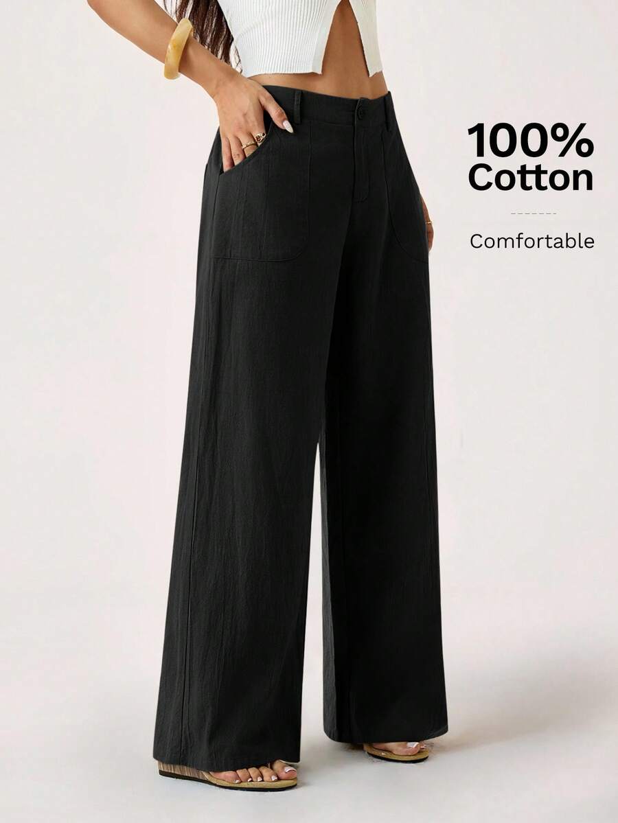 SHEIN PETITE 100% 水洗纯棉低腰直筒裤 - 黑色 - 查看 1