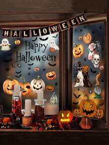 8pcs/1set Halloween Window Clings Vintage Ghost Pumpkin Bat Reusable Window Decals For Halloween Fall Party Supplies Home Glass Decor,Pumpkin Spider Bats Shop Window Clings For Halloween Decorations, Double Side Halloween Window Clings Decorations Removable For Shop Home Decor/Indoor Party Decorations