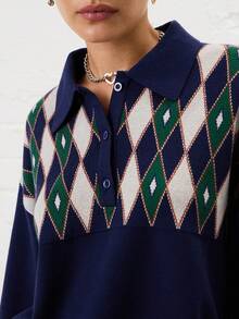 COUREZ Oversized Jacquard Arglye Knit Polo Long Sleeve Top With Button Front /Y2K Going Out Outfits Fall Women Clothes Winter Clothes For Women Gothic Club Outfits Women Sexy