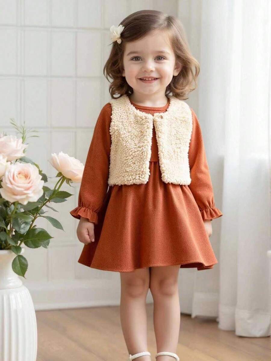 SHEIN Vintaside Kids 2 Stücke/Set Kleinkind Mädchen Landhaus Stil Flauschige Weste Jacke + Cord Puffärmel Kleid, süßer Lässig Alltags Outfit, dick & warm, minimalistisches elegantes Design, Herbst/Winter - Orange - Übersicht 1