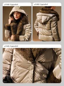 Anewsta Áo khoác lông thú sang trọng cổ ghép lông ôm vừa vặn túi khóa kéo kim loại cho nữ ngắn dày - Rượu sâm banh - Xem 3