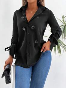 EURMUSE Women's Solid Color Drop Shoulder Fitted Rhinestone Embellished Long Sleeve Casual Shirt - Black - View 4