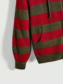A Nightmare on Elm Street X ROMWE 女式拼色条纹和字母刺绣图案抽绳连帽拉链开衫 - 彩色 - 查看 4