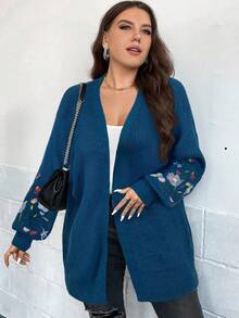 SHEIN LUNE Áo khoác cardigan trễ vai thêu hoa Plus, cho mùa đông - Màu xanh lam - Xem 4