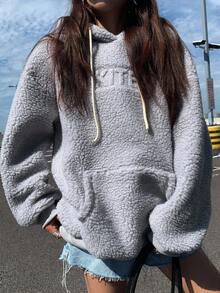DAZY 女士宽松连帽加厚羊毛夹克，休闲高端外套，冬季女式大衣 - 藍色 - 查看 7
