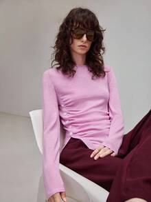 Ontre Women's Ruched Side Slit Hem Button Detail Sweaters Modern Urban Casual Fashion Business Office Wear Old Money Style In Fall/Winter - Burgundy - View 6