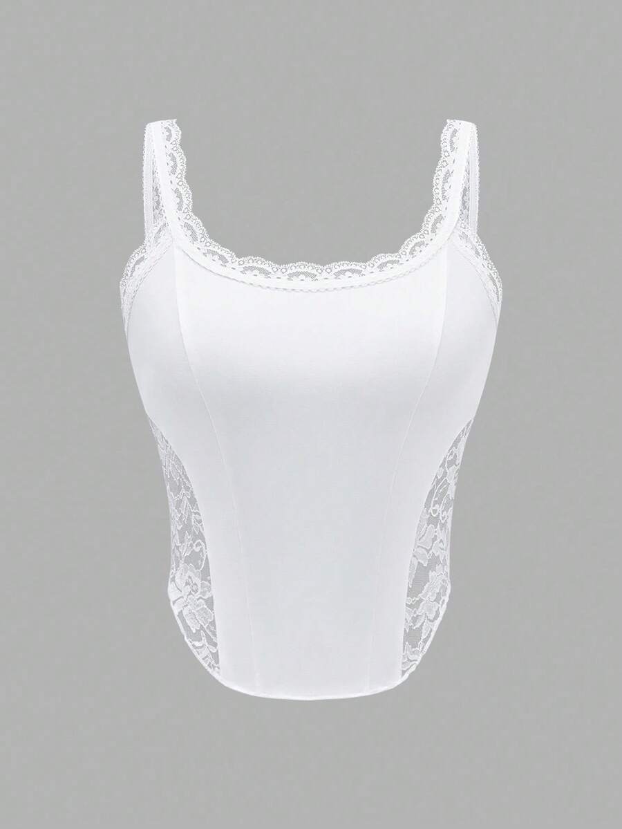 INAWLY Women's Summer Solid Color Splice Lace Asymmetrical Hem Slim Fit Camisole Cami Top - White - View 1