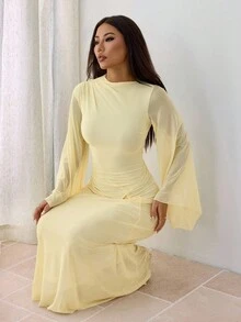 SHEIN PETITE Robe élégante à col asymétrique drapé, ourlet asymétrique, manches évasées, version premium améliorée, couleur jaune bouton d'or - Jaune citron - Voir 8