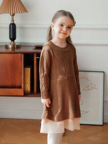 Young Girl Elegant Mesh Patchwork Knit Dress, Autumn/Winter Fall - Brown - View 5