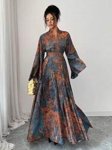 Elenzga Women's Crossed Wrap Flare Sleeve Ruffle Hem Long Allover Print Dress - Multicolor - View 4