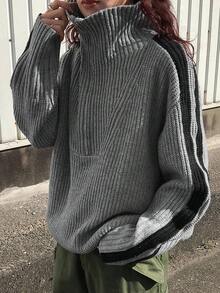 FRIFUL Women Solid Color Splice Front Zipper Long Sleeve Casual Sweater,Fall Clothes - Grey - View 5