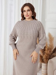 Lacomfia Rochie elegantă tricotată cu mâneci raglan, cu guler rotund și împletitură, mărime mare, toamnă/iarnă