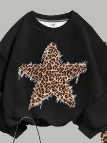 SHEIN Leap Crew Tween Girl Black Autumn Casual School Back-To-School Leopard Print & Star Pattern Crew Neck Long Sleeve Sweatshirt And Leggings 2 Pieces Set,Vintage - Multicolor - View 5
