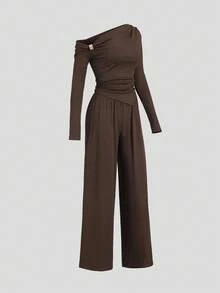 Sweetra Women's New Autumn/Winter Basic Versatile 2 Pieces Set, Metal Decor Asymmetrical Open Shoulder Long Sleeve Top & Casual Straight Wide-Leg Pants Suit