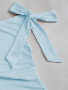Sweetra Đầm mini hai lớp họa tiết hoa kim loại vai lệch dành cho nữ, eo nhún, viền hai lớp - Màu xanh nhạt - Xem 3