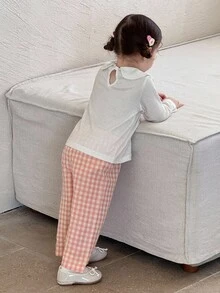 SHEIN Baby Mädchen Säugling Kleinkind Neugeborene 0-3 Jahre süßer Bär & Schleife Muster Langarm-Top + orange karierte weite Hose 2-teiliges Outfit Set, Herbst