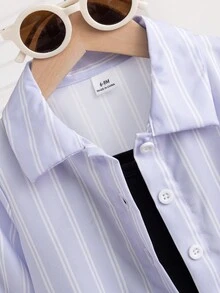 SHEIN Conjunto de 3 piezas para niña bebé de verano: Camisa/chaqueta de manga larga a rayas negras y blancas con protección solar y cuello, camiseta sin mangas negra suave y pantalones cortos ajustados, adecuado para la escuela, uso diario y deportes