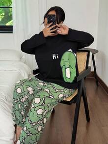 SHEIN Plus Size Cute Dinosaur Print Long Sleeve Top & Pants Pajama Set Dinosaur Pajamas Women, Fall Winter Clothes