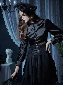 Glisette Women's Black Backless Bowknot Strap Elegant Casual Button Lace Patchwork Sexy Short Black Long Sleeve Satin Blouse - Black - View 3