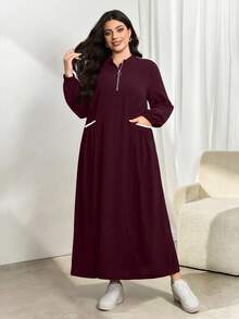 Modelyn 秋冬新款立领长袖收腰修身连衣裙 - 酒紅色 - 查看 7