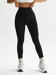 SHEIN Sports Women's Solid Color High Waist Pocket Tummy Control Leggings Yoga Leggings High Waist Yoga Leggings - Black - View 4