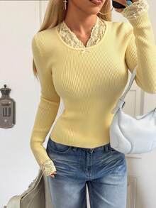 SHEIN EZwear 黄色针织蕾丝拼布女式针织毛衣 - 黃色 - 查看 5