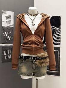 StreetHx Áo nỉ đi làm dáng ôm vừa vặn dành cho nữ, màu xám, họa tiết da báo mờ, phong cách Punk Y2K đa năng, tay dài nhẹ, thích hợp cho mùa xuân và mùa thu - Lạc đà - Xem 1