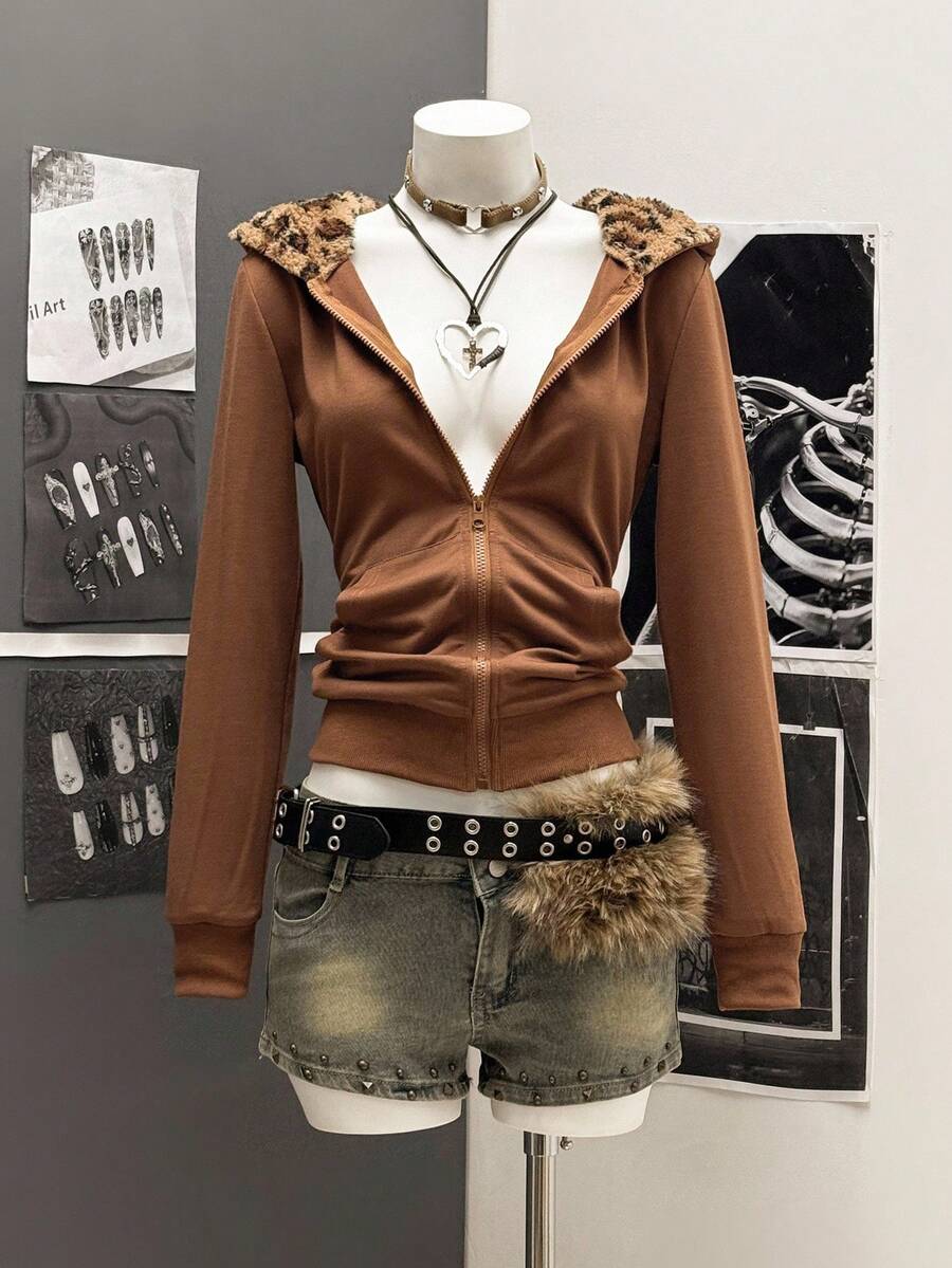 StreetHx Áo nỉ đi làm dáng ôm vừa vặn dành cho nữ, màu xám, họa tiết da báo mờ, phong cách Punk Y2K đa năng, tay dài nhẹ, thích hợp cho mùa xuân và mùa thu - Lạc đà - Xem 1