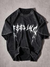 Manfinity EMRG Men's Street- INS Style Washed Fabric Dark Letter Print T-Shirt, Suitable For Music Festivals, Nightclubs, Boyfriend/Husband Gift, Anniversary Gift , Goth Shirt , Distressed Tshirt , Acid Wash Tshirt , Graphic Tee , Acid Wash Graphic Tee