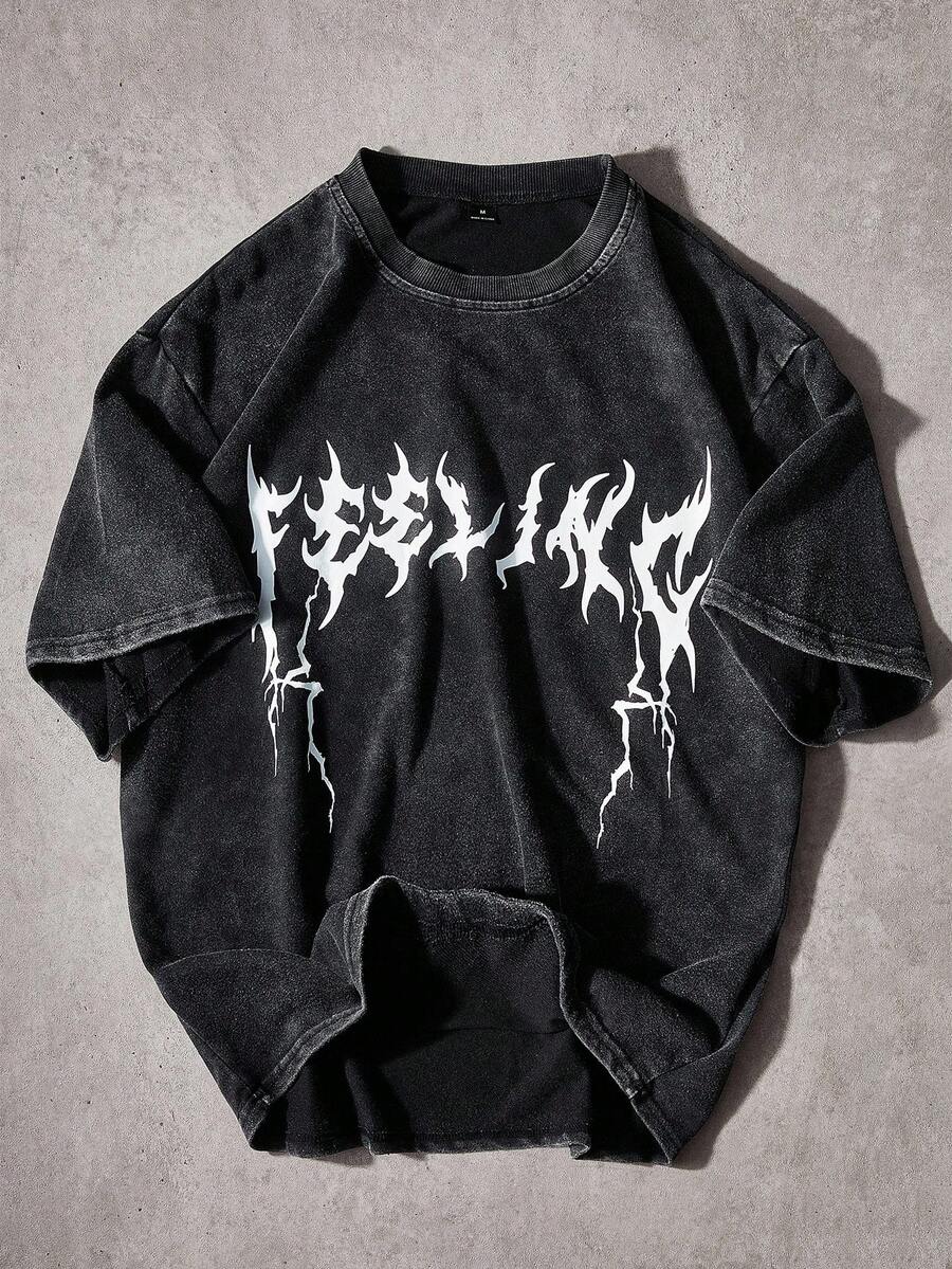 Manfinity EMRG Men's Street- INS Style Washed Fabric Dark Letter Print T-Shirt, Suitable For Music Festivals, Nightclubs, Boyfriend/Husband Gift, Anniversary Gift , Goth Shirt , Distressed Tshirt , Acid Wash Tshirt , Graphic Tee , Acid Wash Graphic Tee - Black - View 1