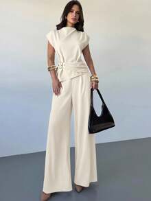 Firerie 女士优雅纯色纽扣设计腰部上衣和裤子套装 - 杏色 - 查看 7