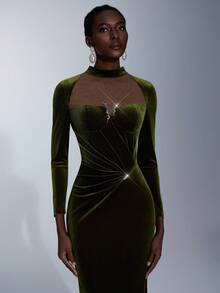 Elitara Elegant Velvet Handmade Rhinestone Decor Long Sleeve Round Neck Mermaid Hem Dress,Asymmetric Pleated Waist Fitted Gown For Weddings,Galas & Formal - Army Green - View 2