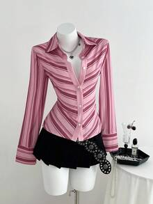 Elamini 1 Áo sơ mi nữ, Màu hồng, Hàng ngày, Đi làm, Mùa tựu trường, Sọc định vị, In kỹ thuật số, Dáng ôm vừa vặn kiểu Pháp, Nơi làm việc, Thường ngày, Thanh lịch, Cổ điển - Hồng - Xem 3