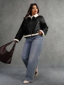 Elaquor Plus Size Women's Fashion Motorcycle PU Leather Thermal Lined Zip-Up Jacket Plus Size Winter Clothes Plus Size Jacket Streetwear Plus Size