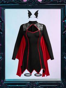 女式万圣节蜘蛛网网眼透视胸围镂空撞色滚边蝙蝠袖服装 - 黑色 - 查看 6