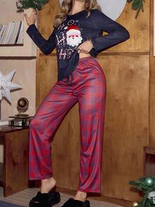 Miss Vinta Casual Cute Plaid Christmas Santa Claus Contrast Print Pajama Set For Women Dark Red,Autumn,Casual,Sleep Long Sleeve Long Pants Pj Sets - Multicolor - View 6