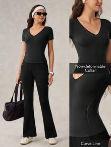 OutZeal 女式收腹速干柔软V领紧身黑色T恤运动T恤健身上衣日常健身 - 黑色 - 查看 4