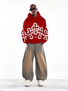 SUMWON 时尚白色十字图案套头连帽衫，带有超大涂鸦设计，非常适合休闲街头时尚秋冬万圣节穿着 - 紅色 - 查看 5