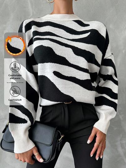EURMUSE Plus Zebra Striped Pattern Drop Shoulder Sweater, For Winter
