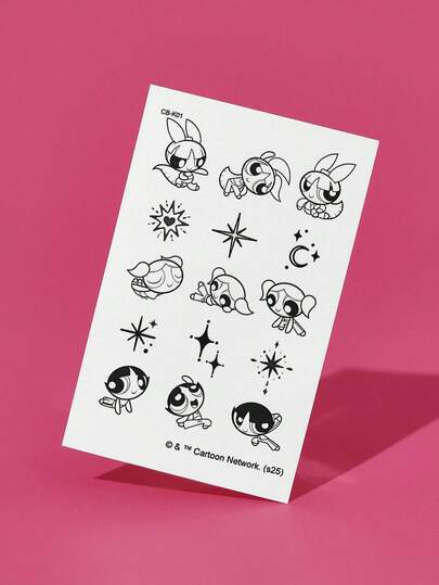 THE POWERPUFF GIRLS X SHEIN FanGlow 1pc Herbal Juice Semi Permanent Tattoo Sticker That Does Not Fade Or Reflect For 14 Days, Suitable For Shoulder, Neck, Collarbone, Arm, Body Art Tattoo Sticker
