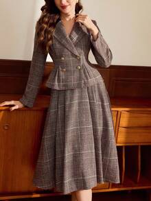 Vintamour 复古优雅女士套装，两件套带口袋，格子拼接，双排扣，A 字裙，秋冬休闲/工作/度假 - 棕色 - 查看 7